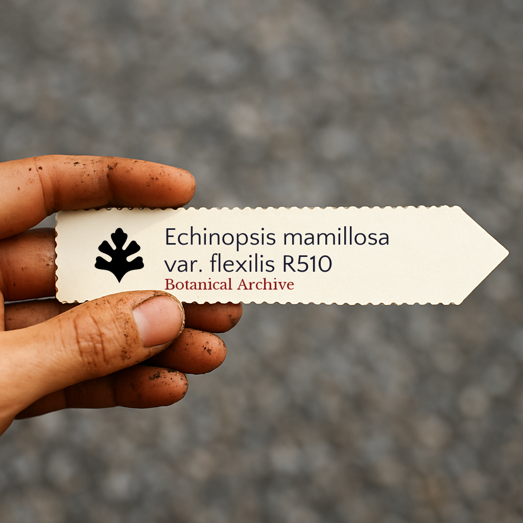 Etichetta stampata per pianta di Echinopsis mamillosa var. flexilis con il logo di Botanical Archive