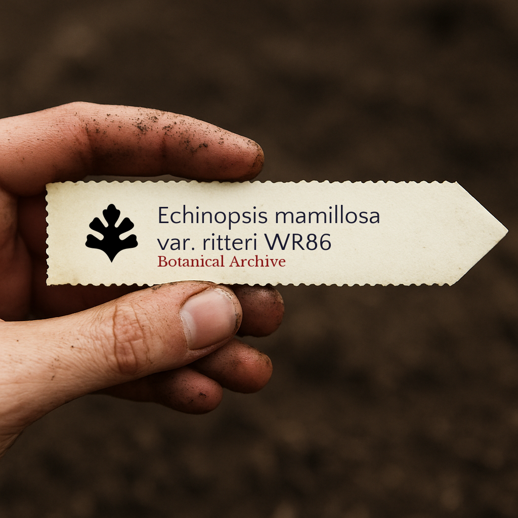 Plant label for Echinopsis mamillosa var. ritteri WR86 held by hand with soil background