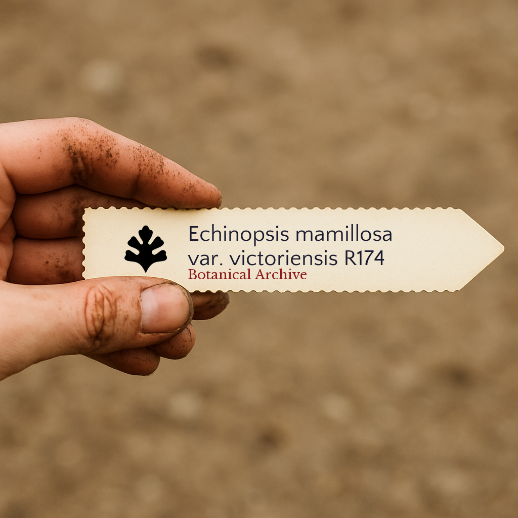 Printed plant label for Echinopsis mamillosa var. victoriensis held by dirty hand outdoors