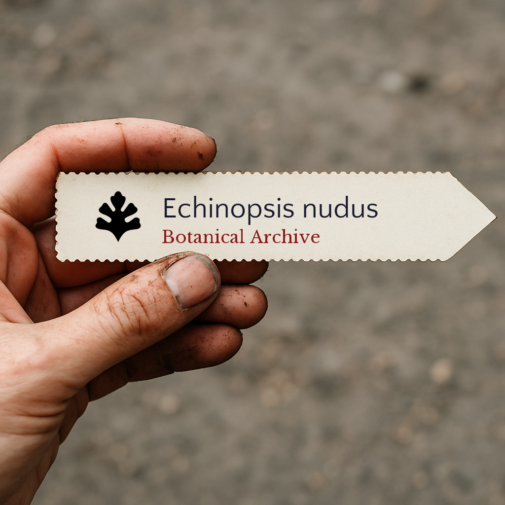 Printed plant label for Echinopsis nudus with botanical archive logo held by hand