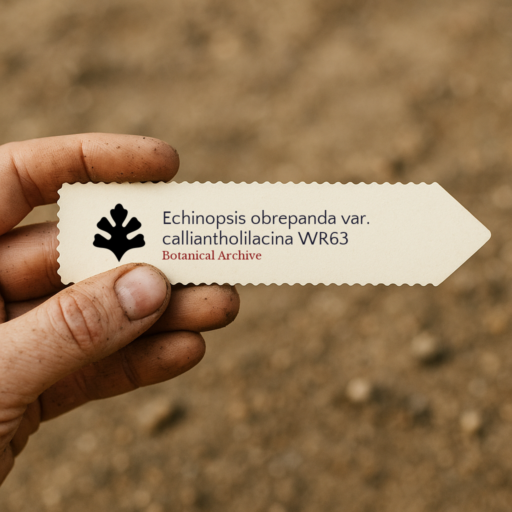 Printed plant label for Echinopsis obrepanda var. calliantholilacina held by hand in soil background
