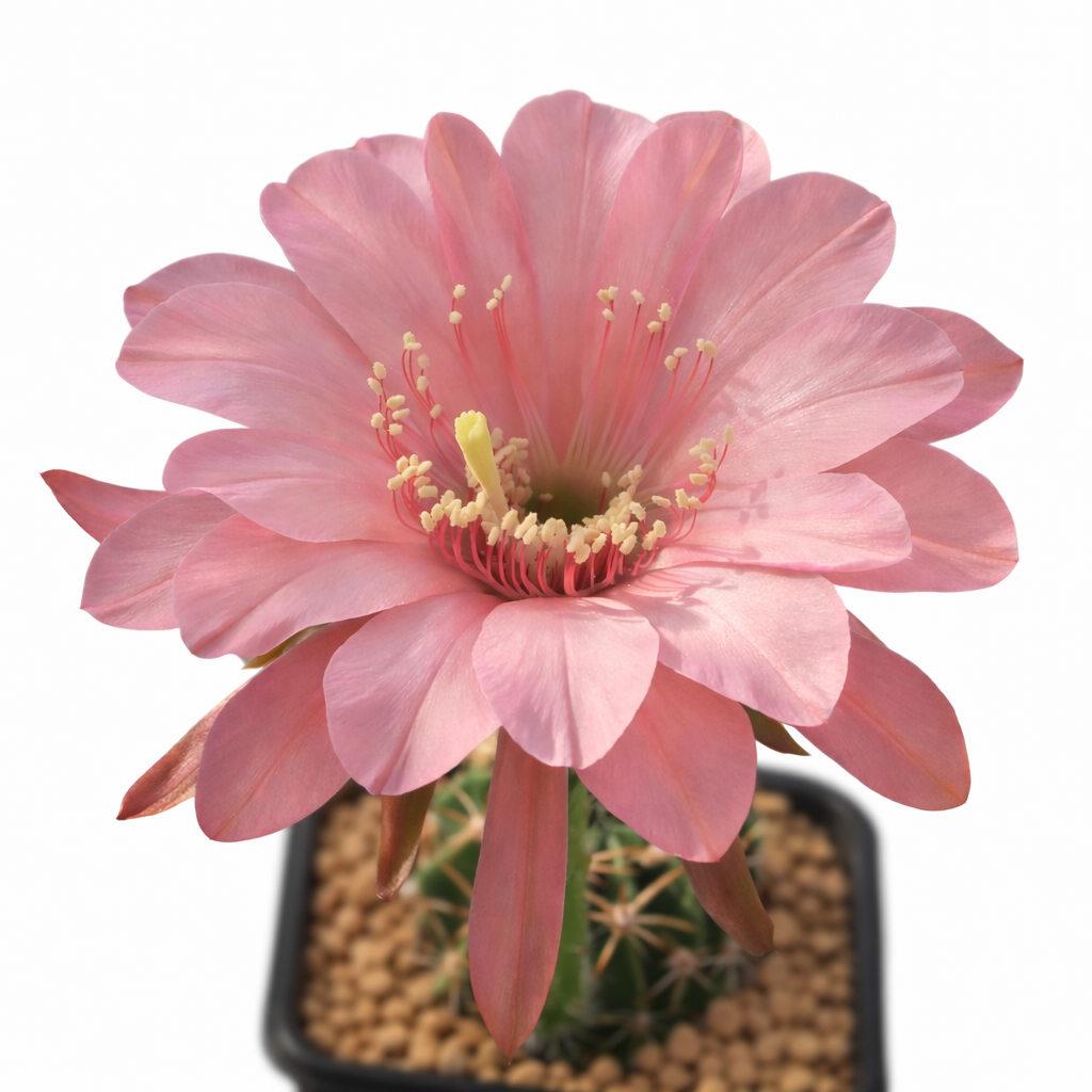 Echinopsis carmineiflora cactus with large soft pink flower and spiny green stem in pot