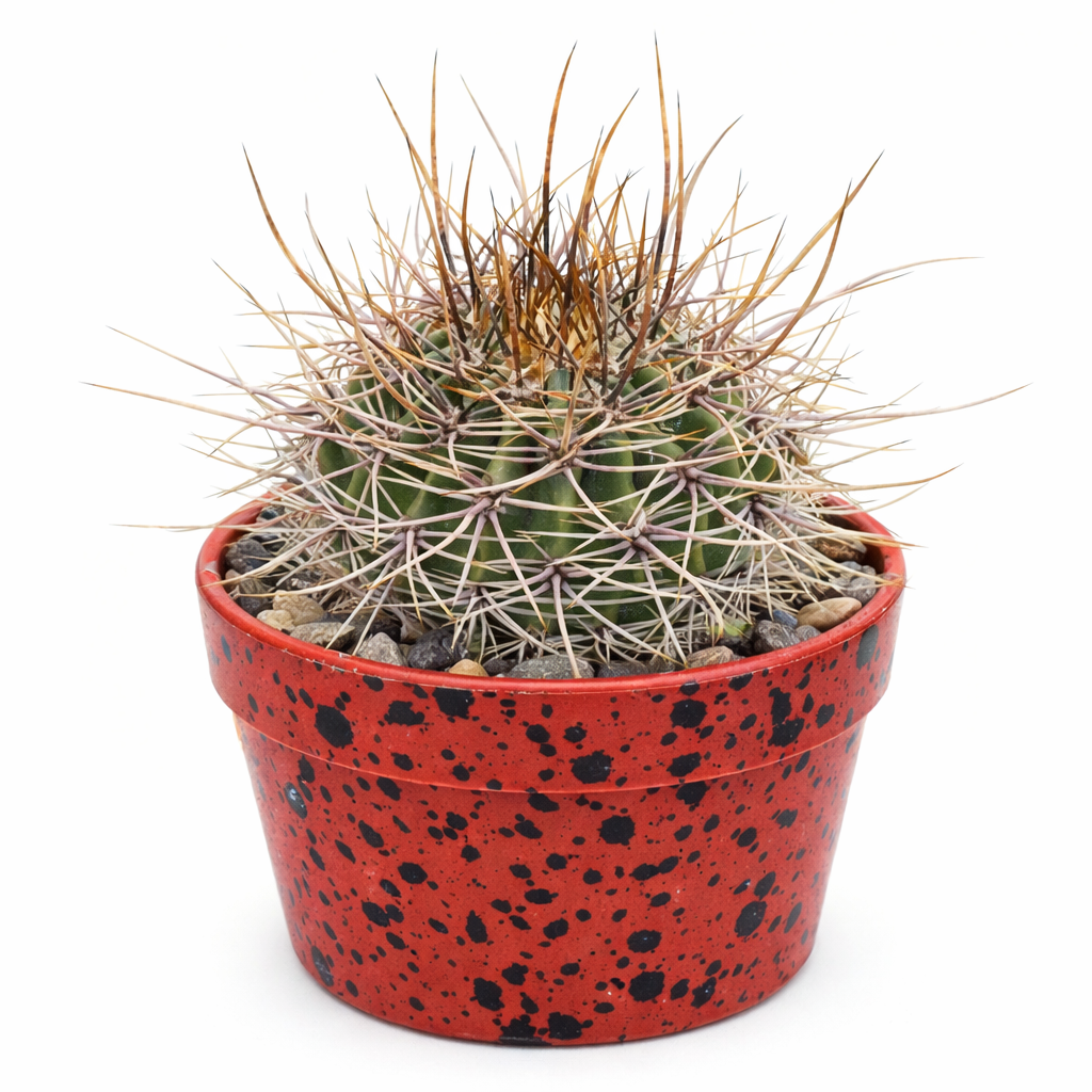Echinopsis leucantha small cactus with dense long brown spines in speckled red pot