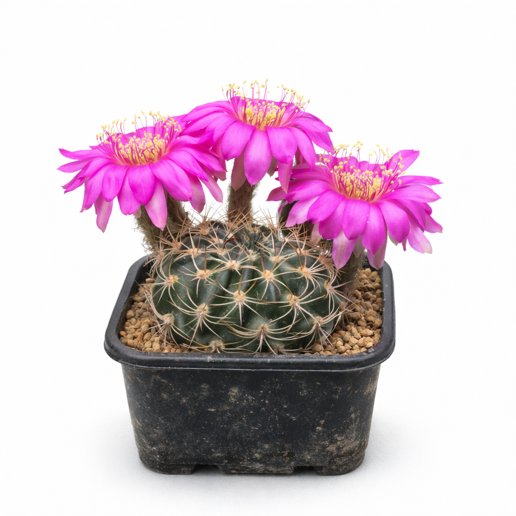Echinopsis millarensis cactus with bright pink flowers in black nursery pot