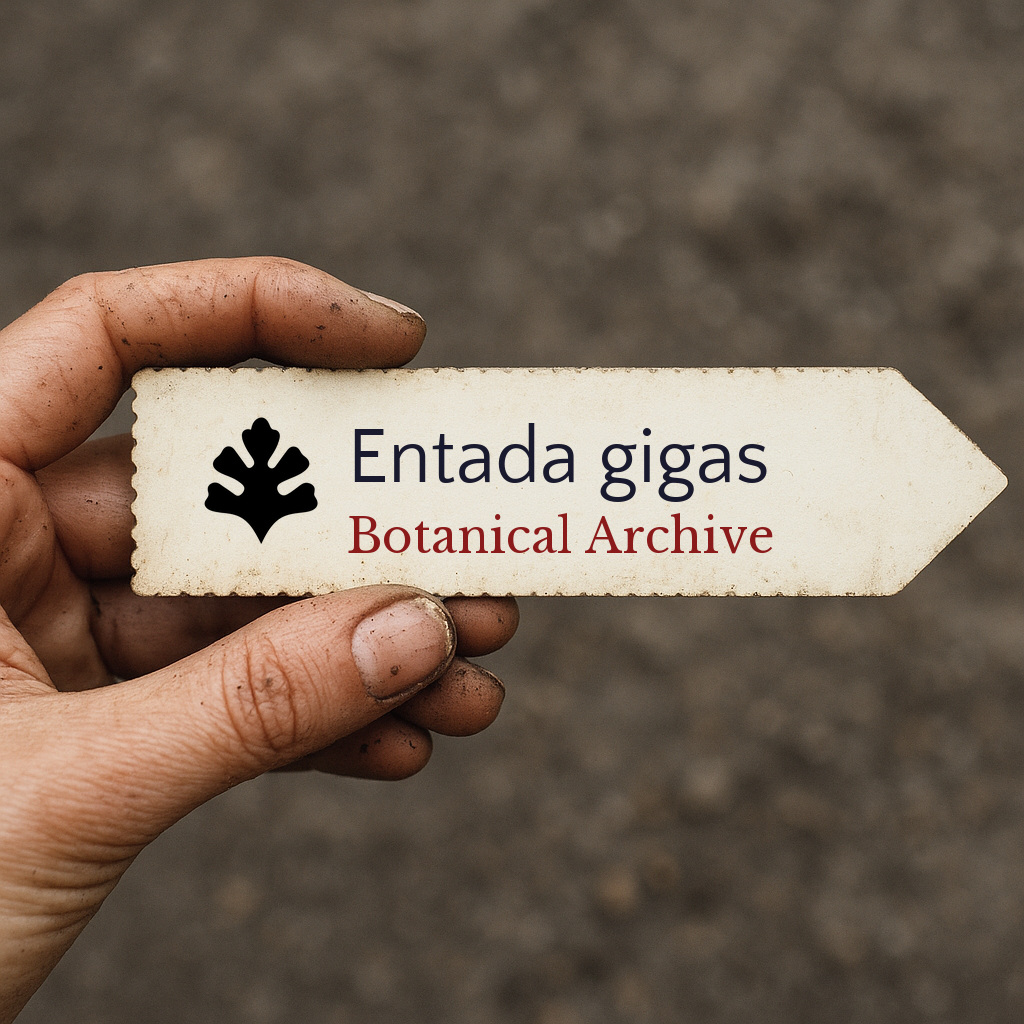 Printed plant label for Entada gigas held by hand with soil background
