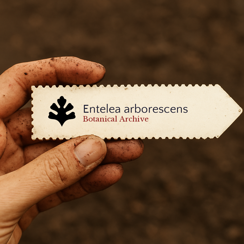 Printed plant label for Entelea arborescens held by dirty hand over soil background