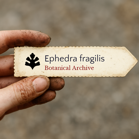Printed plant label for Ephedra fragilis held by dirty hand with blurred background