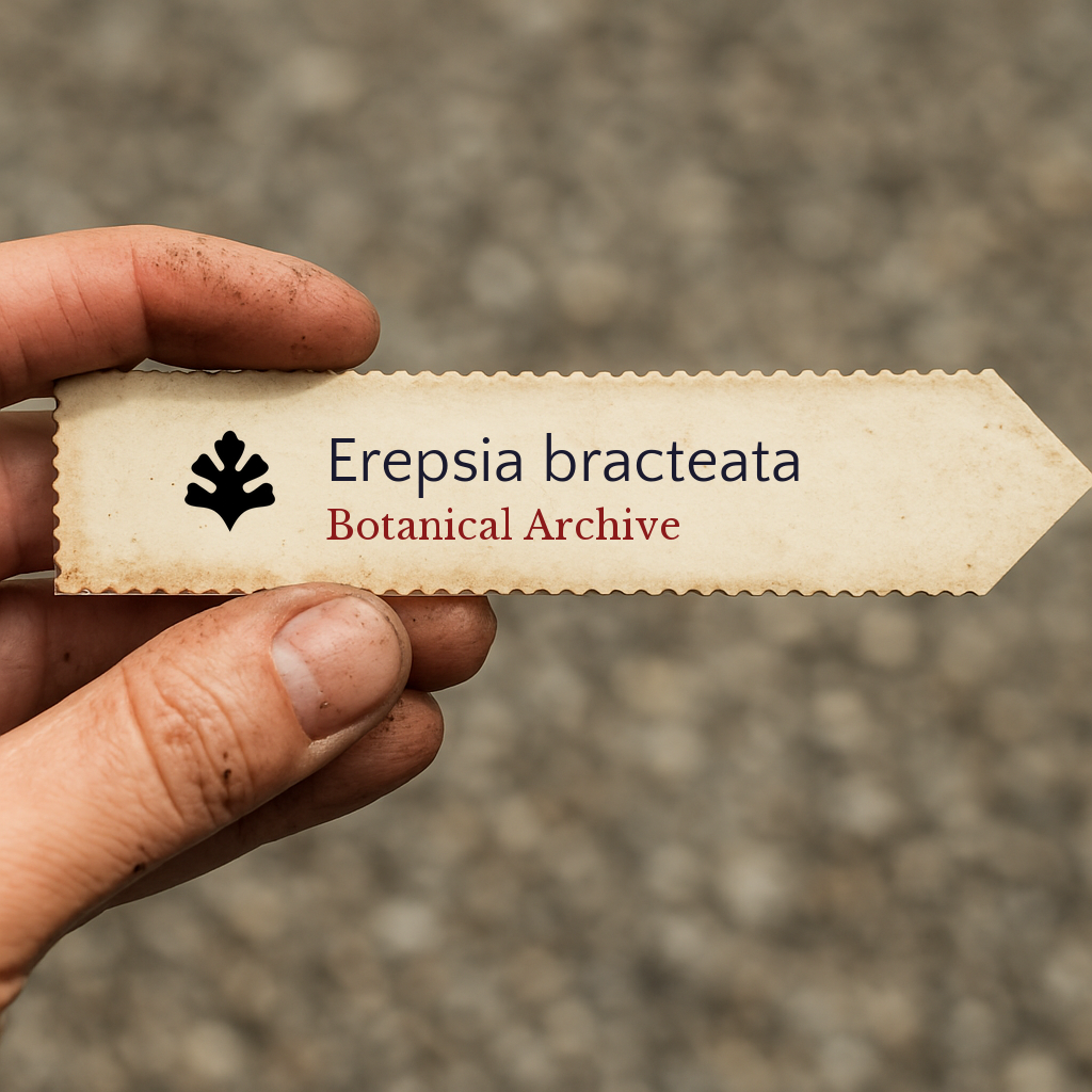 Etichetta plantare stampata per Erepsia bracteata con logo Botanical Archive tenuta a mano