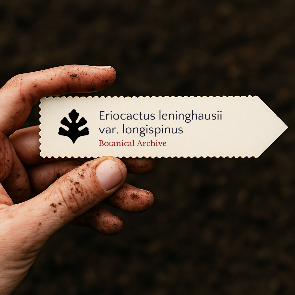 Printed plant label for Eriocactus leninghausii var. longispinus held by dirty hand against soil background