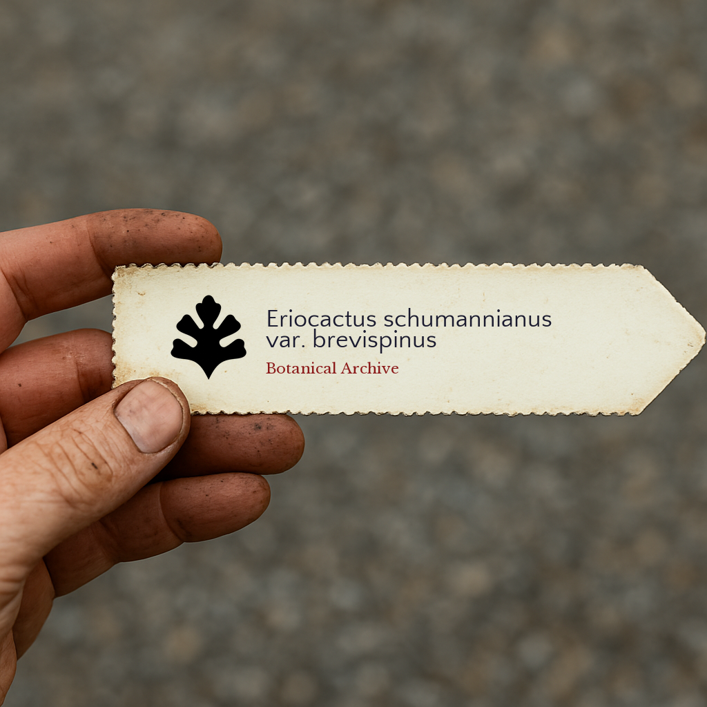Printed plant label for Eriocactus schumannianus var. brevispinus held in hand
