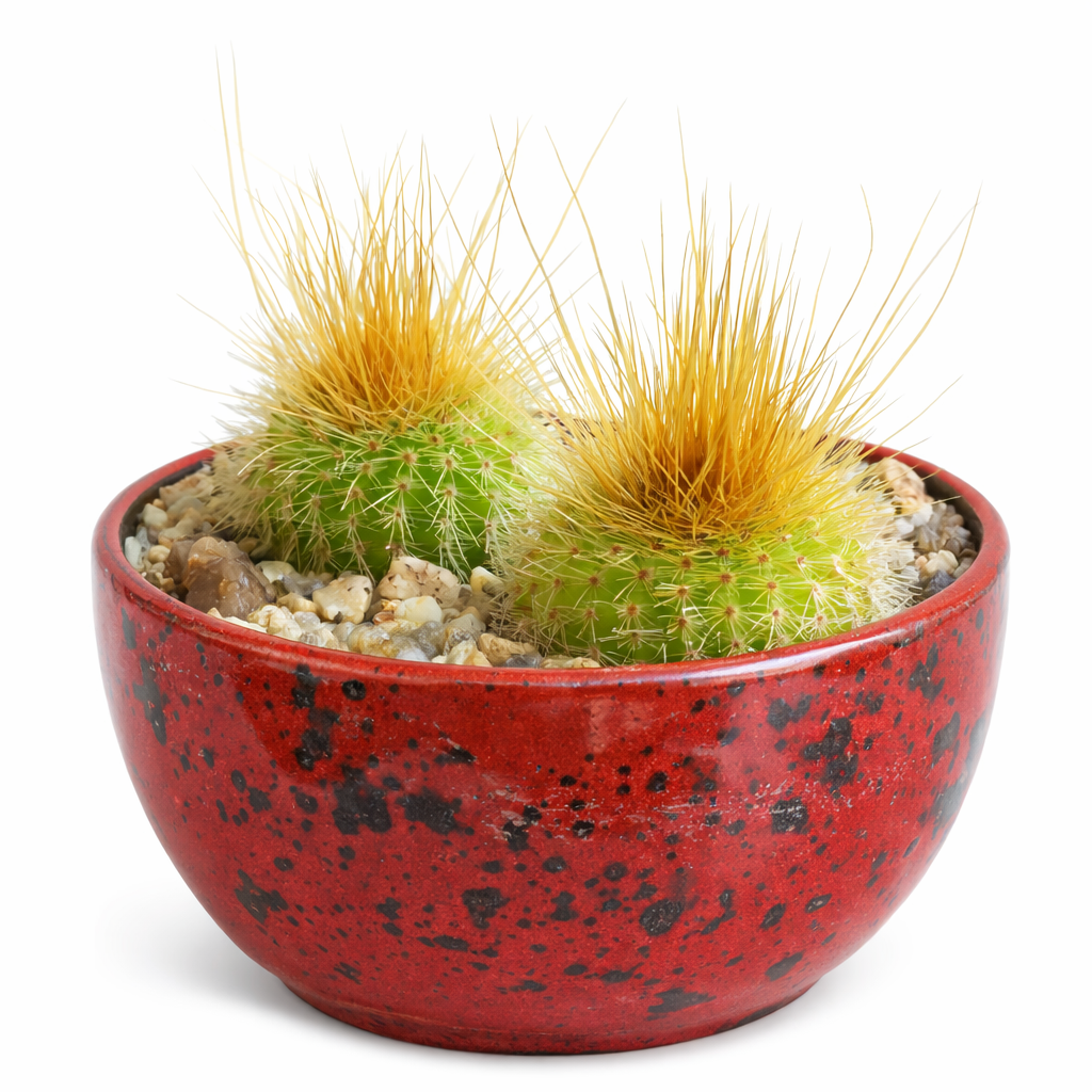 Eriocactus warasii piccolo cactus verde con lunghe spine gialle in vaso rosso maculato