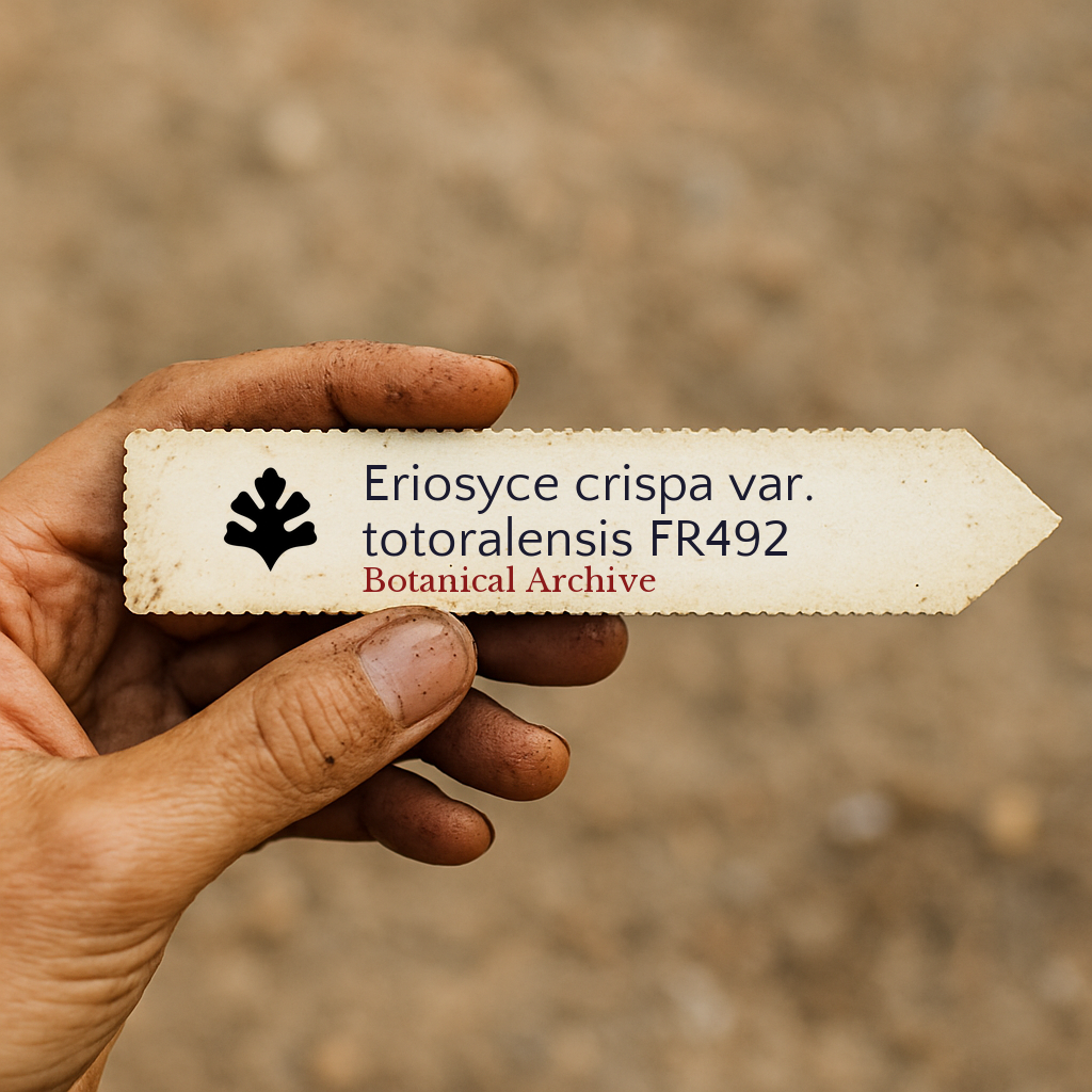 Printed plant label for Eriosyce crispa var. totoralensis held by hand with dirt background