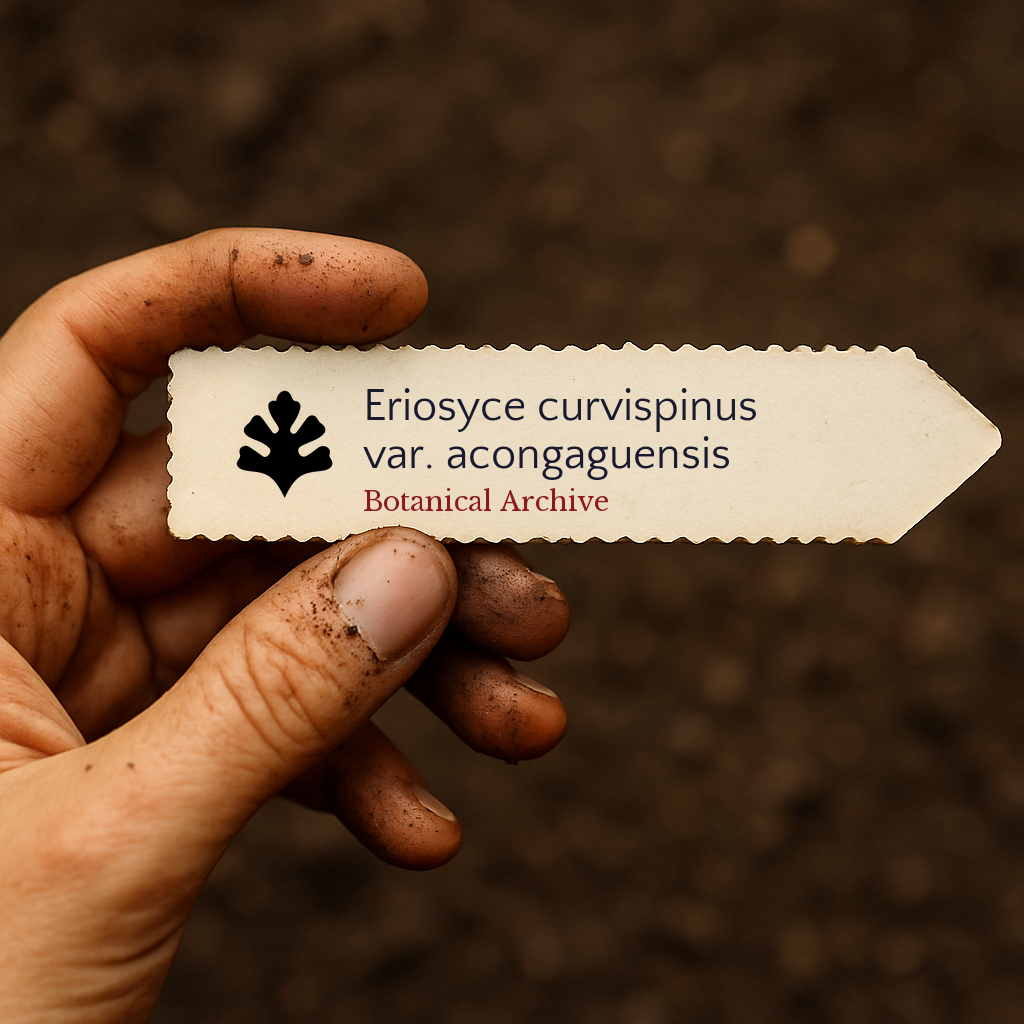 Printed plant label for Eriosyce curvispinus var. acongaguensis held by dirty hand