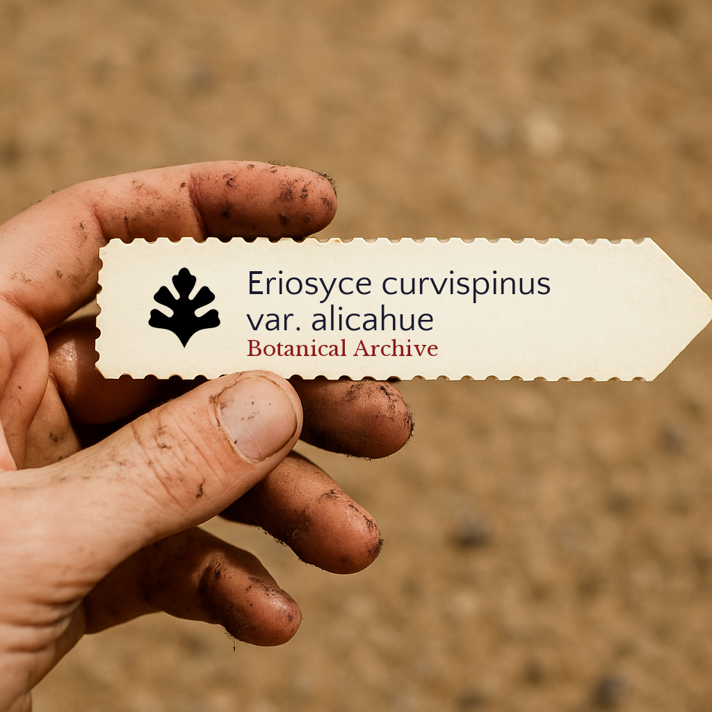Printed plant label for Eriosyce curvispinus var. alicahue held by dirty hand outdoors