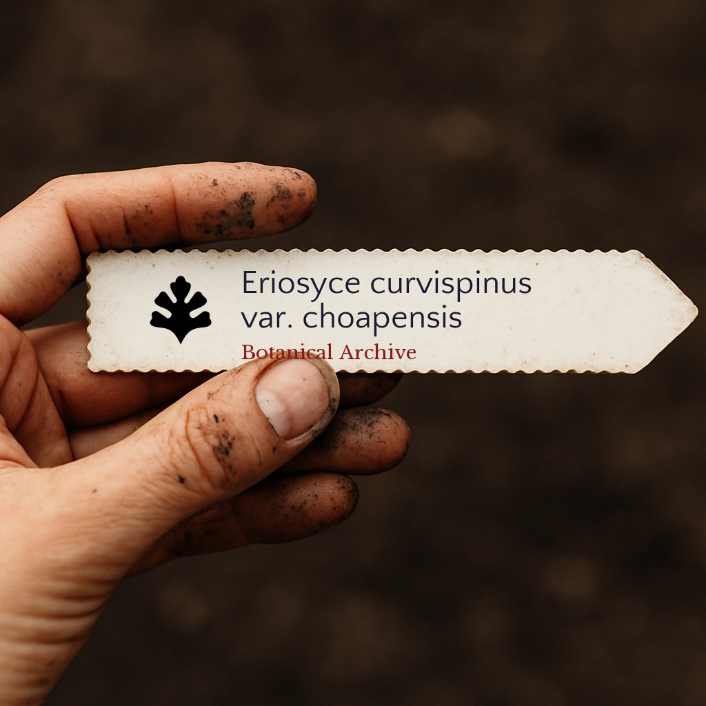 Etichetta stampata per pianta di Eriosyce curvispinus var. choapensis tenuta da mano sporca