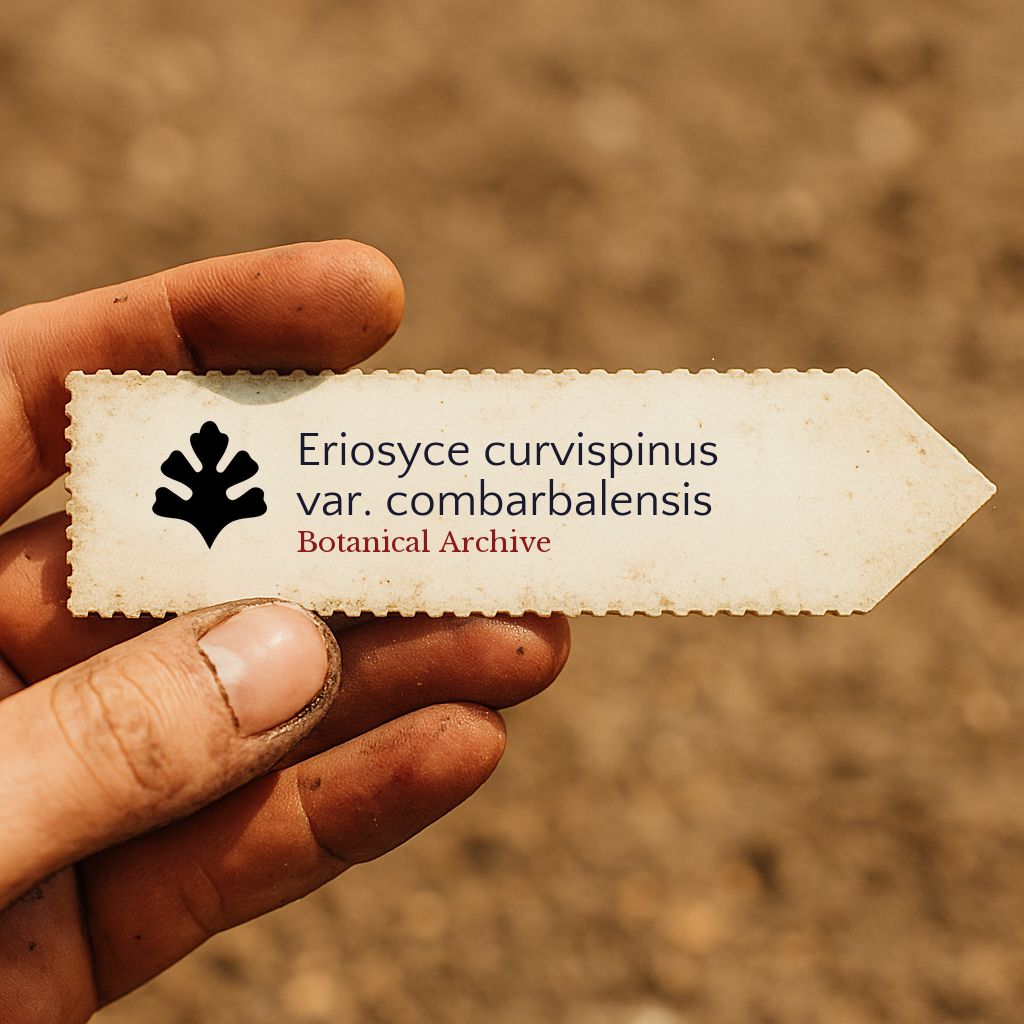 Printed plant label for Eriosyce curvispinus var. combarbalensis held by hand outdoors