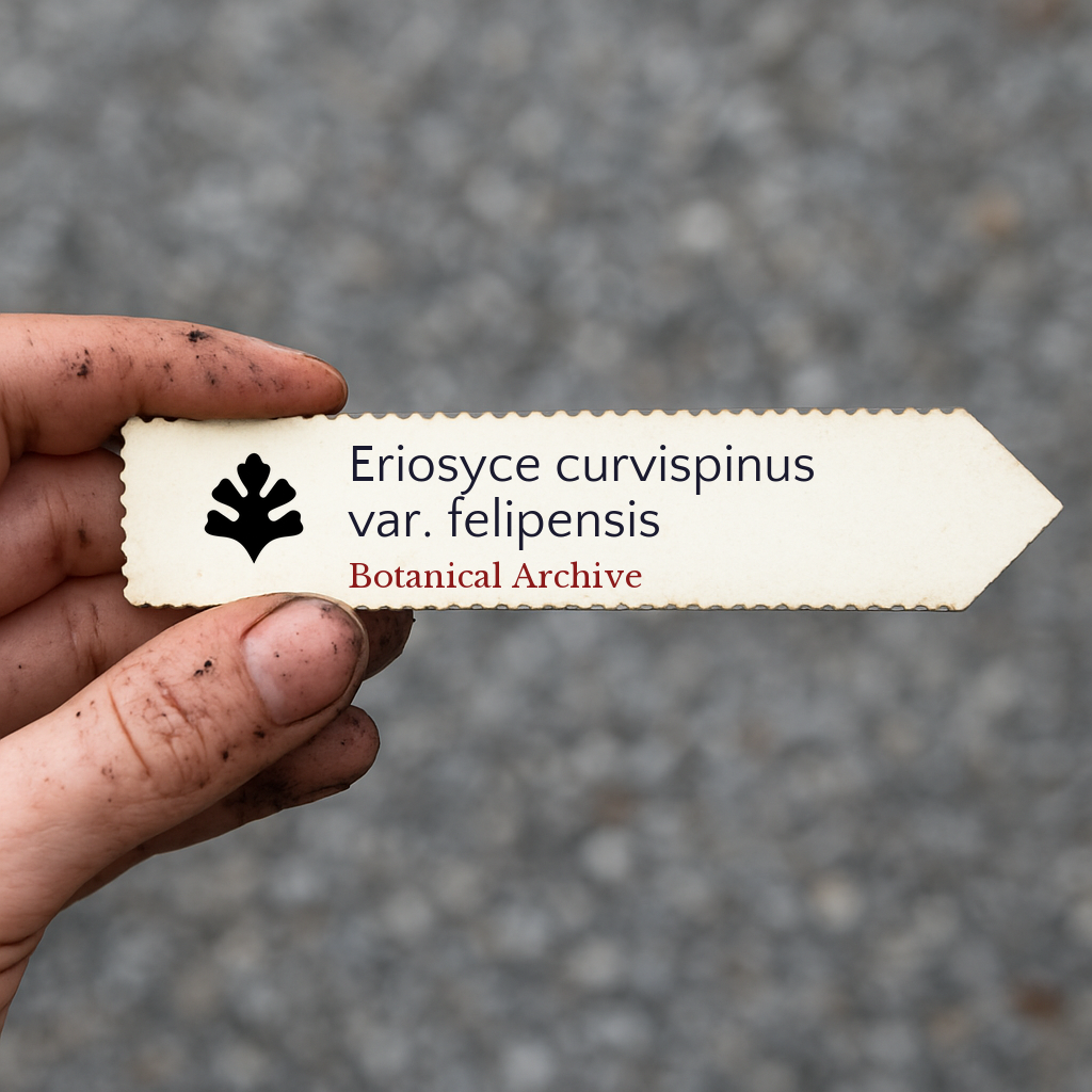 Printed plant label for Eriosyce curvispinus var. felipensis held by hand with dirt background