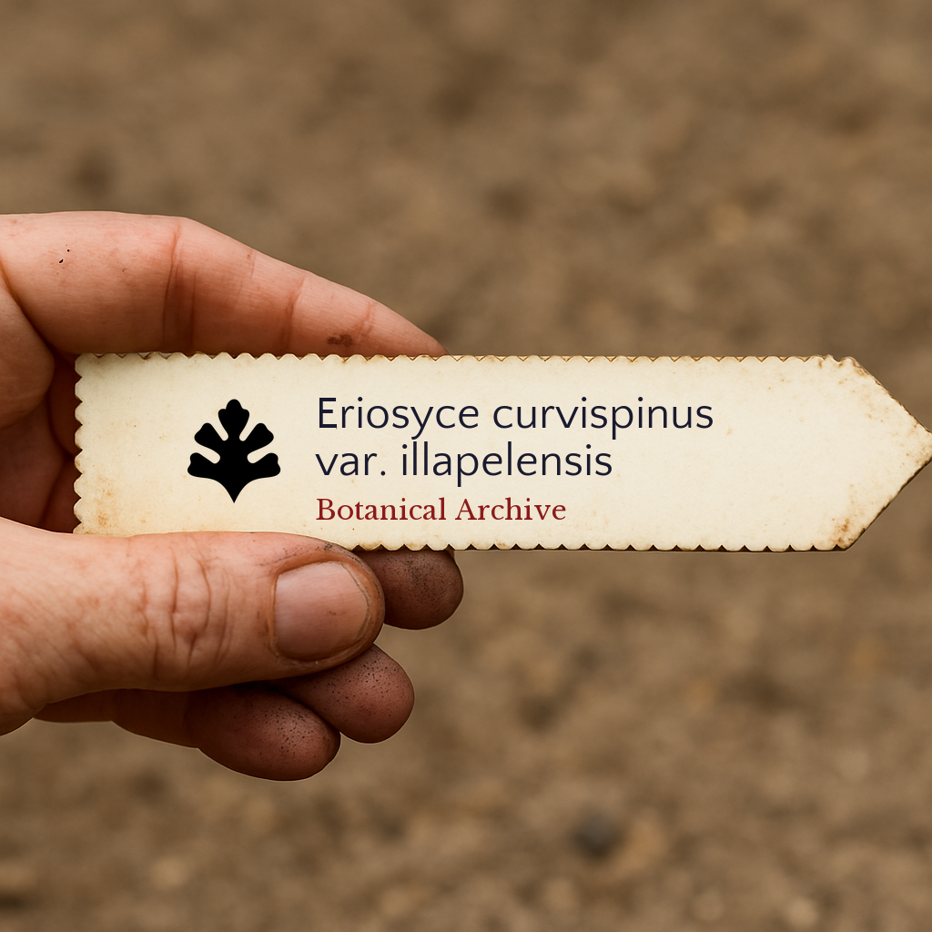 Etichetta stampata per pianta di Eriosyce curvispinus var. illapelensis tenuta in mano con sfondo di terreno