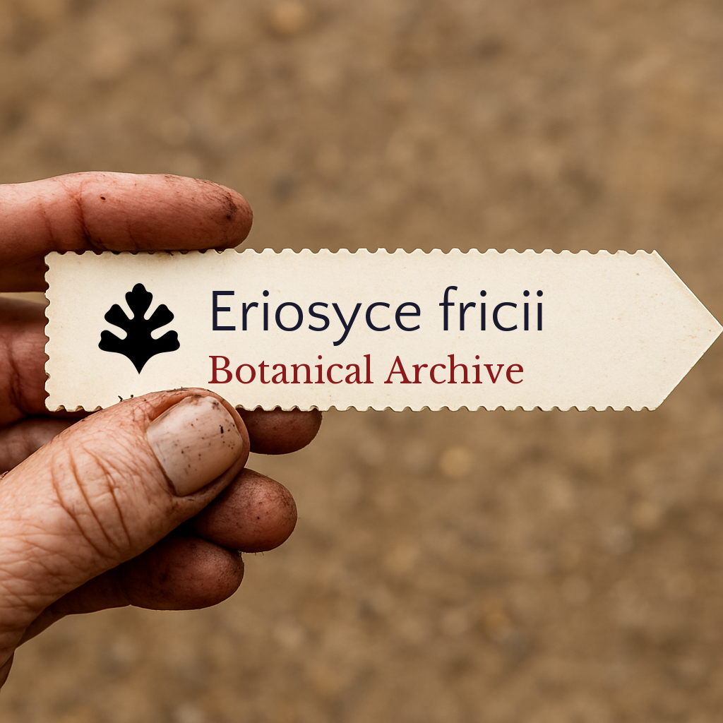 Etichetta vegetale stampata per Eriosyce fricii tenuta a mano con sfondo di terra
