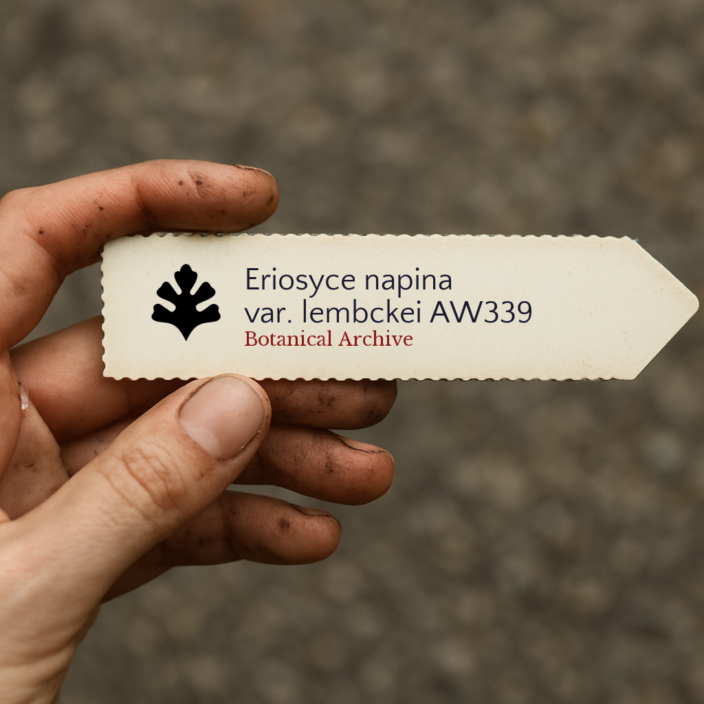 Printed plant label for Eriosyce napina var. lembckei held by dirty hand outdoors