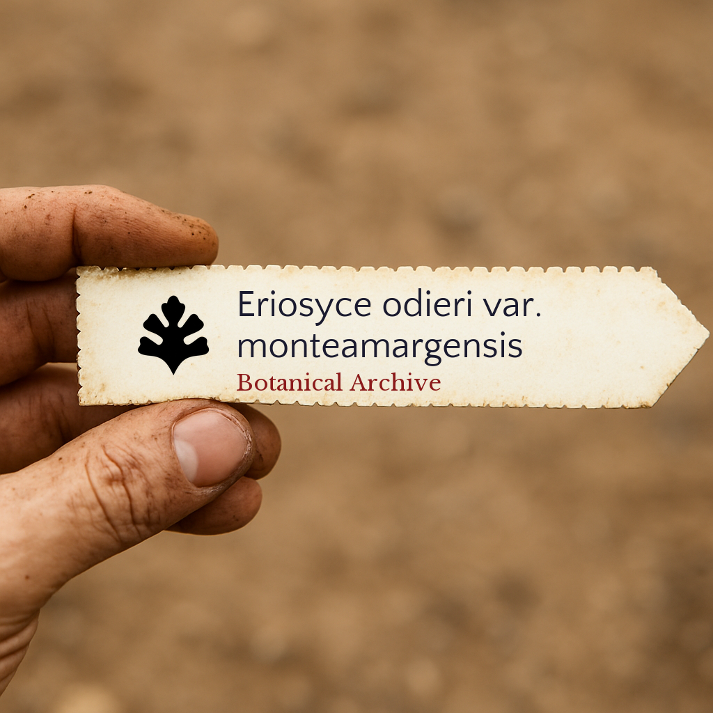 Etichetta di pianta stampata per Eriosyce odieri var. monteamargensis tenuta a mano su sfondo di terra