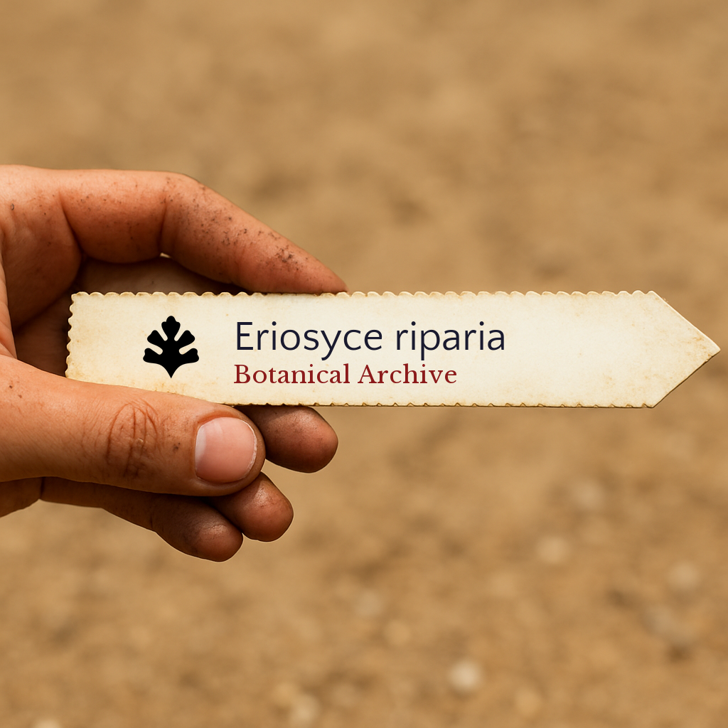 Printed plant label for Eriosyce riparia with botanical archive logo held outdoors