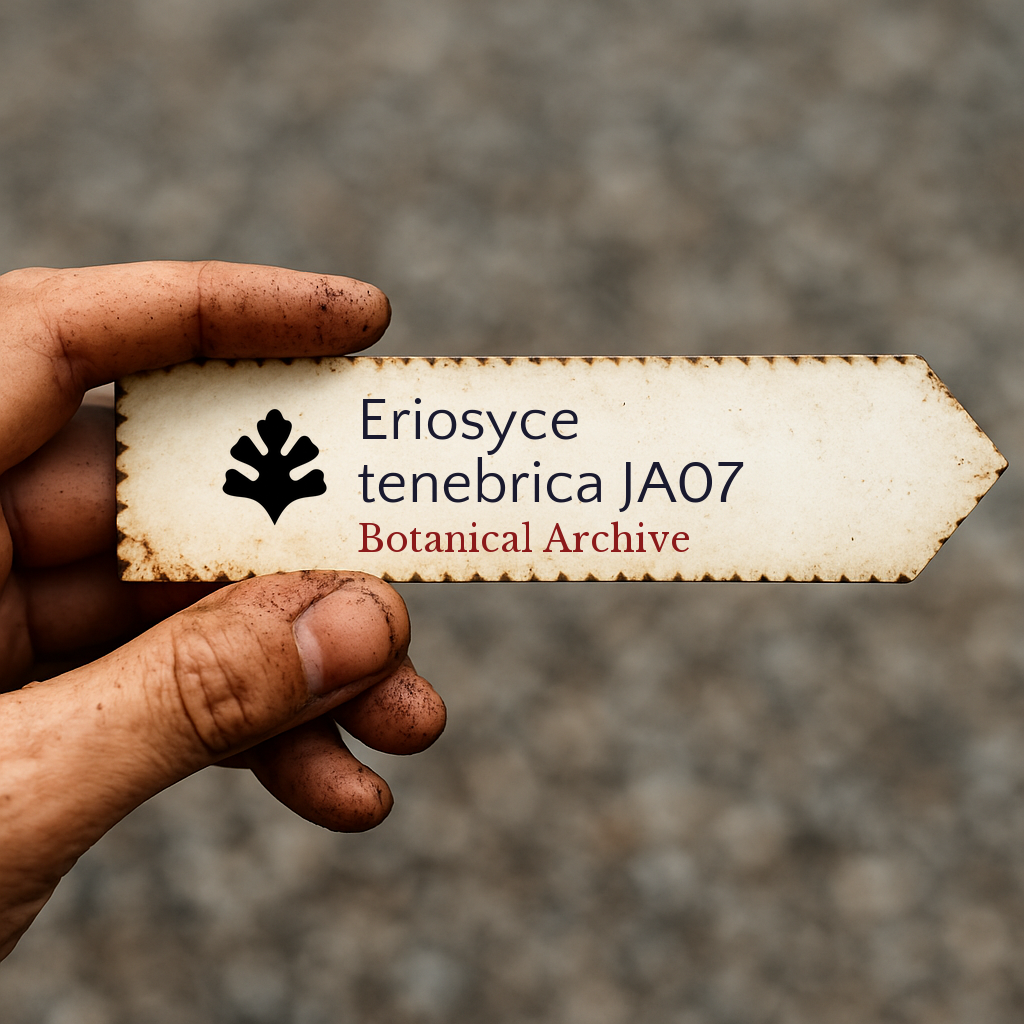 Printed plant label for Eriosyce tenebrica JA07 held by dirty hand outdoors