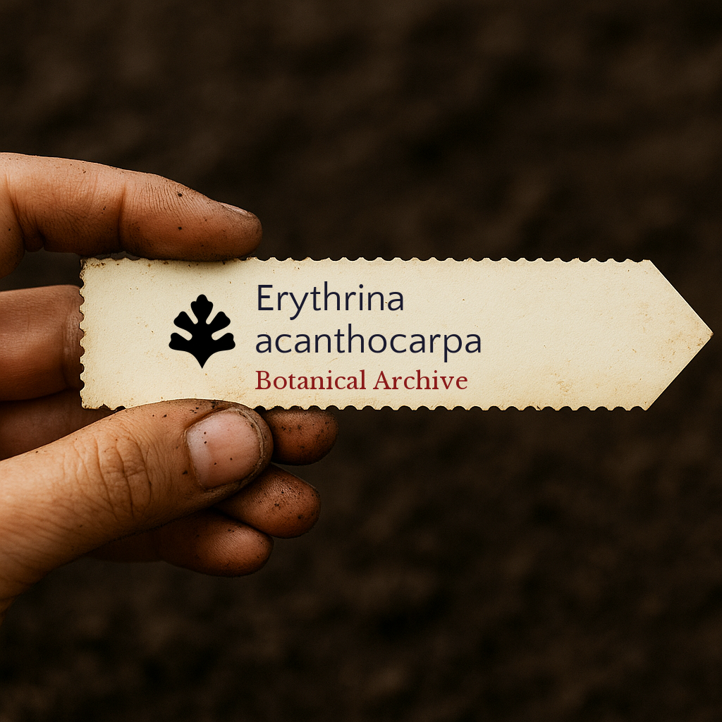 Printed plant label for Erythrina acanthocarpa held by dirty hands over soil background
