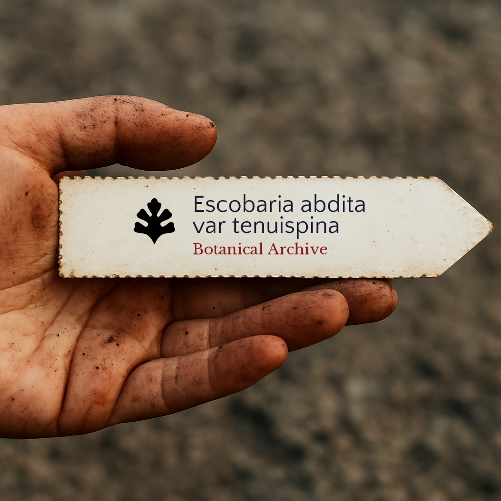 Etichetta stampata per pianta di Escobaria abdita var tenuispina tenuta in mano sporca