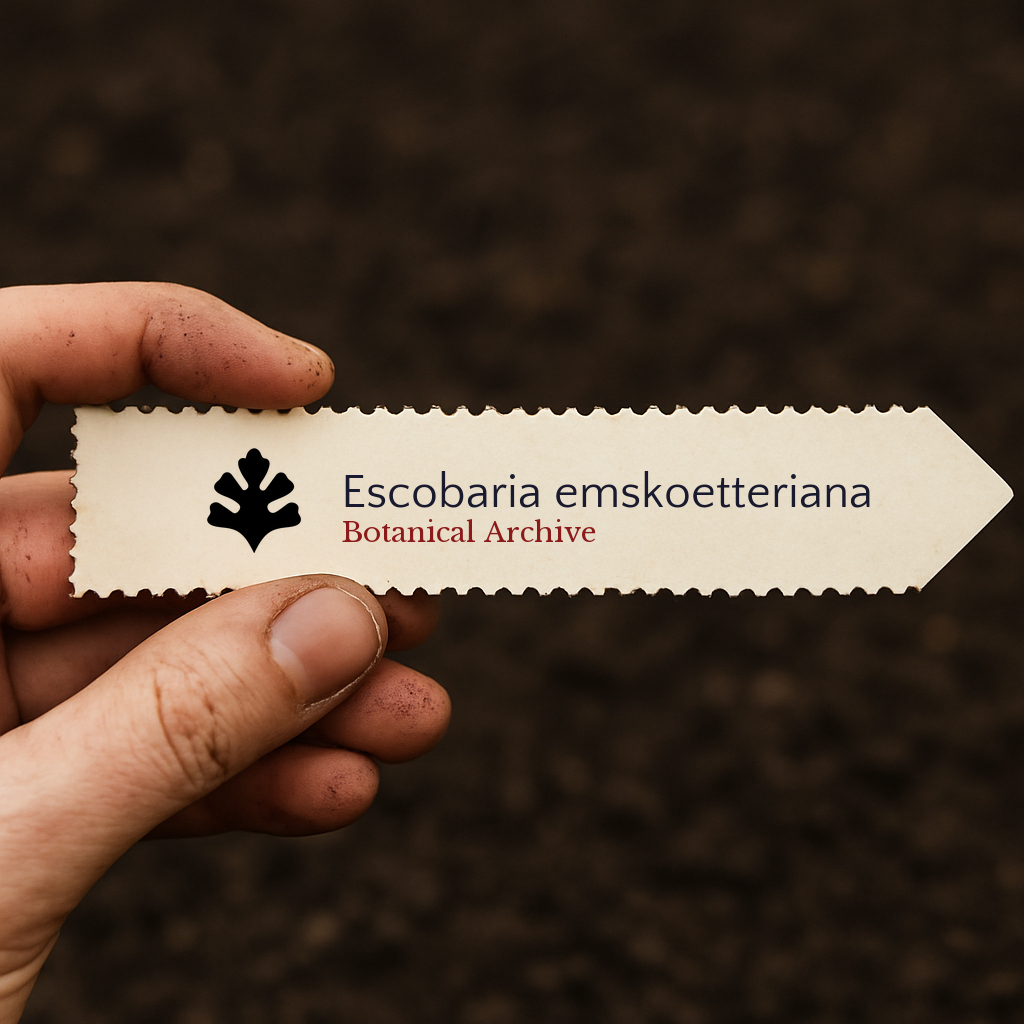 Printed plant label for Escobaria emskoetteriana held over soil background