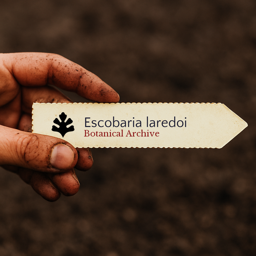 Etichetta stampata per pianta di Escobaria laredoi tenuta da mano sporca su sfondo di terreno