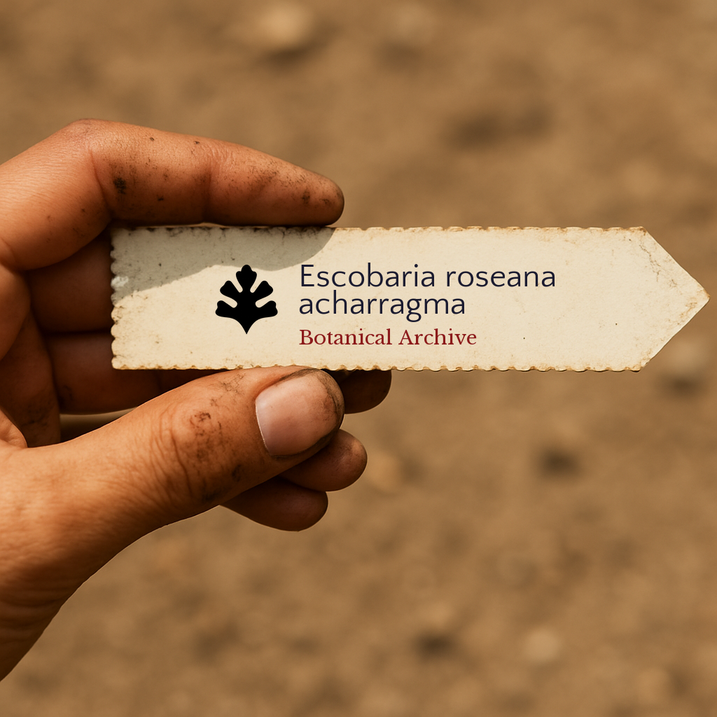 Printed plant label for Escobaria roseana acharragma held by hand with dirt background