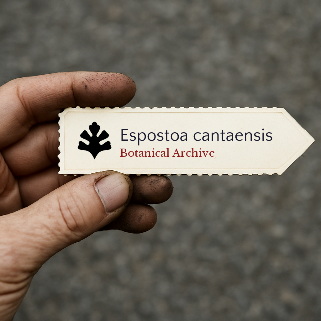 Etichetta per piante stampata per Espostoa cantaensis tenuta da una mano sporca all'aperto