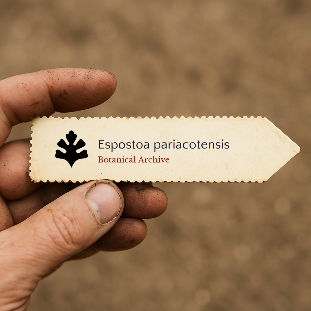 Etichetta stampata per pianta di Espostoa pariacotensis tenuta da mano sporca all'aperto