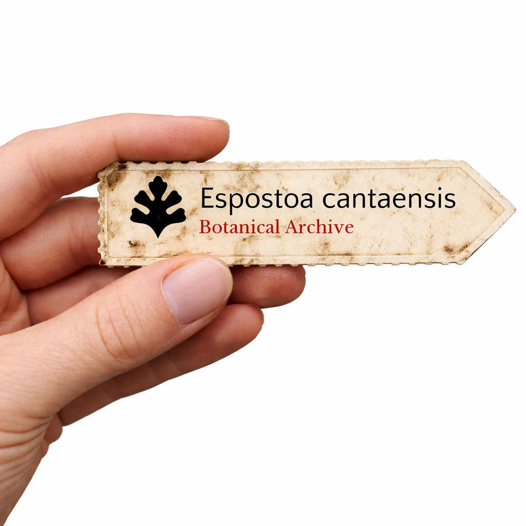 Vintage botanical archive label for Espostoa cantaensis held in hand