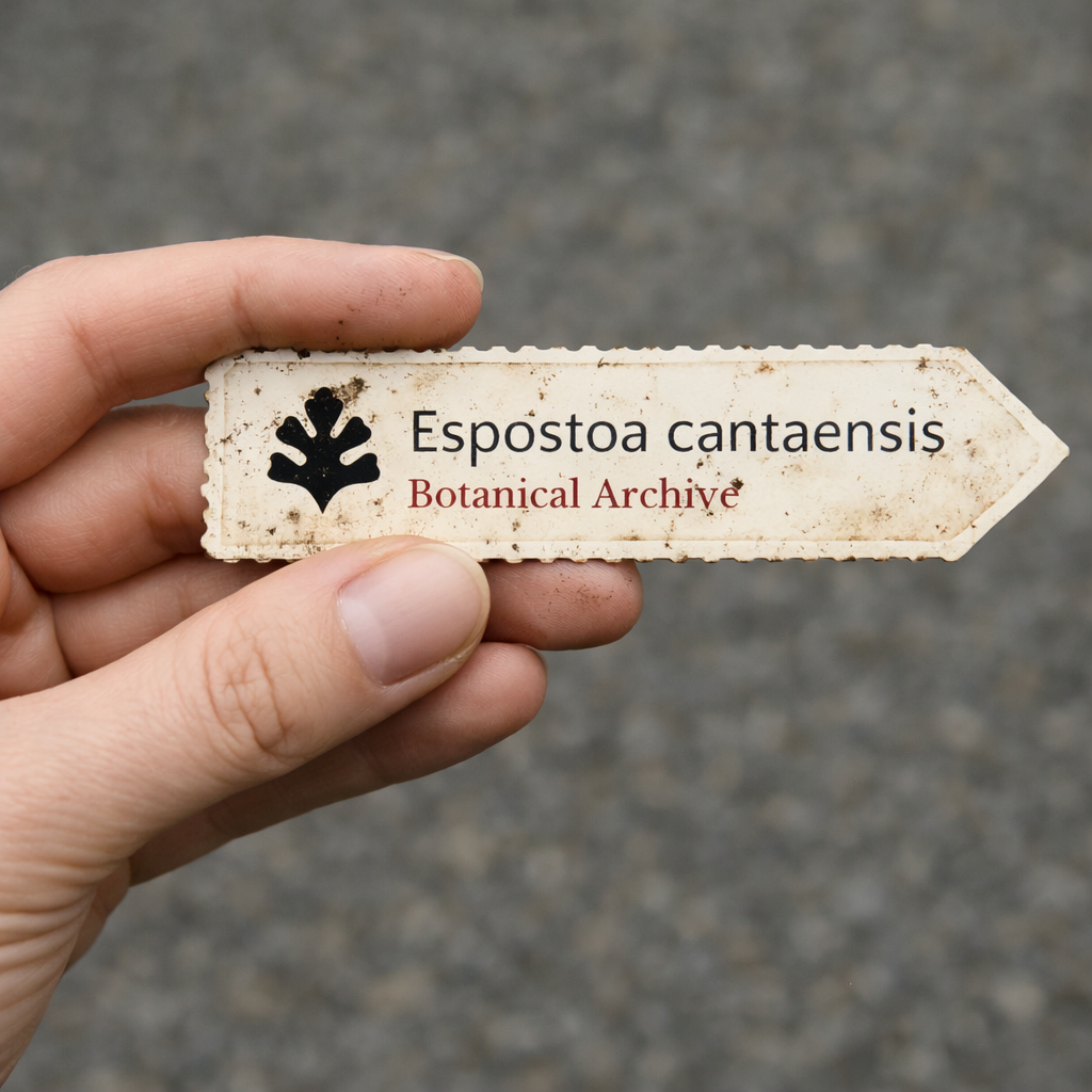 Printed plant label for Espostoa cantaensis held in hand with dirt marks