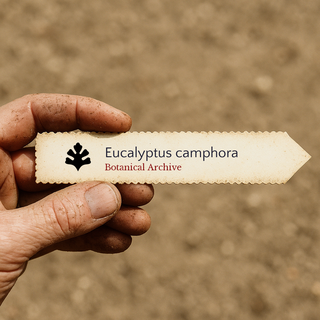Printed plant label for Eucalyptus camphora held by dirty hand over soil background