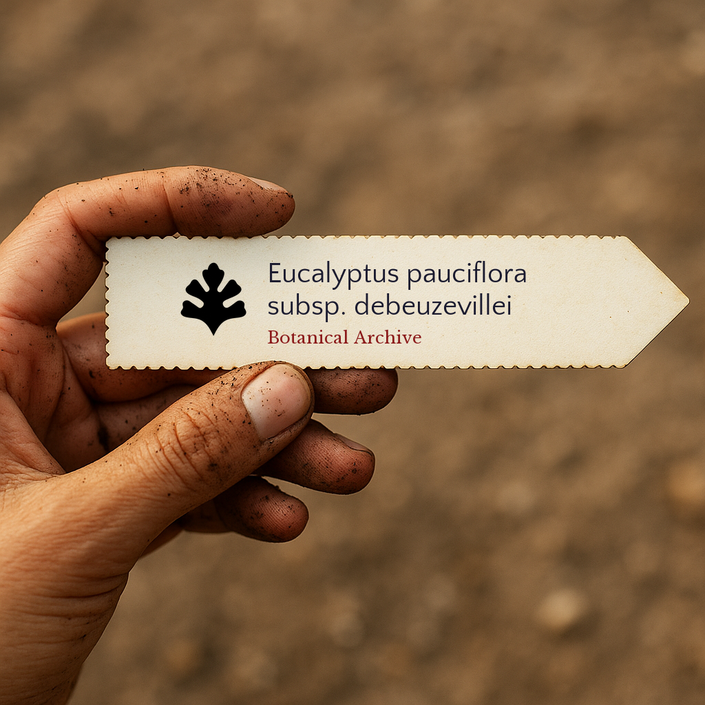 Printed plant label for Eucalyptus pauciflora subsp. debeuzevillei held in dirty hand outdoors