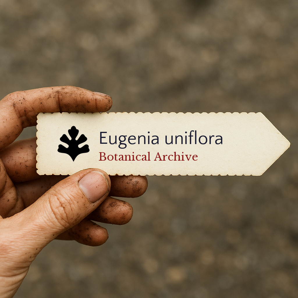 Printed plant label for Eugenia uniflora held by dirty hand with blurred background