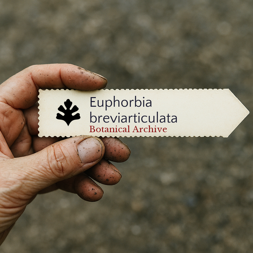 Printed plant label for Euphorbia breviarticulata held by dirty hand outdoors
