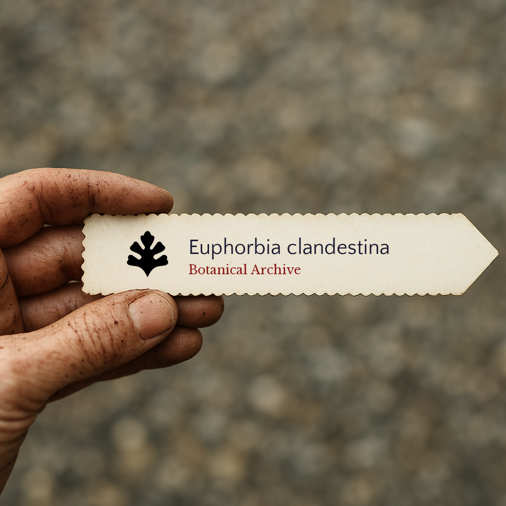 Printed plant label for Euphorbia clandestina held by dirty hand outdoors