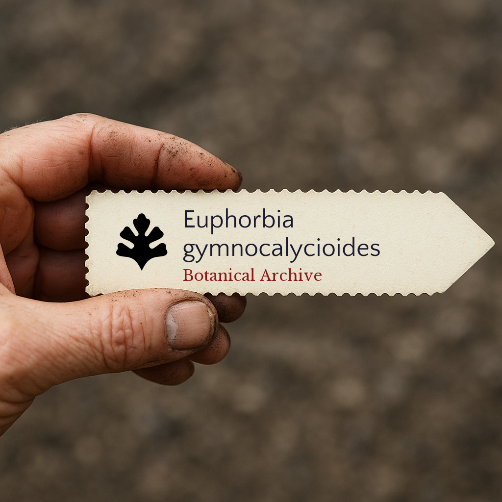 Printed plant label for Euphorbia gymnocalycioides held by hand with soil background