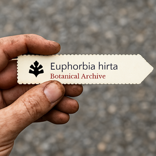 Etichetta stampata per pianta di Euphorbia hirta tenuta a mano con terra sulle dita
