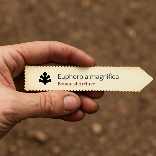 Etichetta per piante stampata per Euphorbia magnifica con logo Botanical Archive tenuta a mano