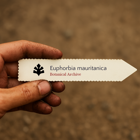 Etichetta stampata per pianta di Euphorbia mauritanica tenuta da mano sporca contro sfondo di terreno