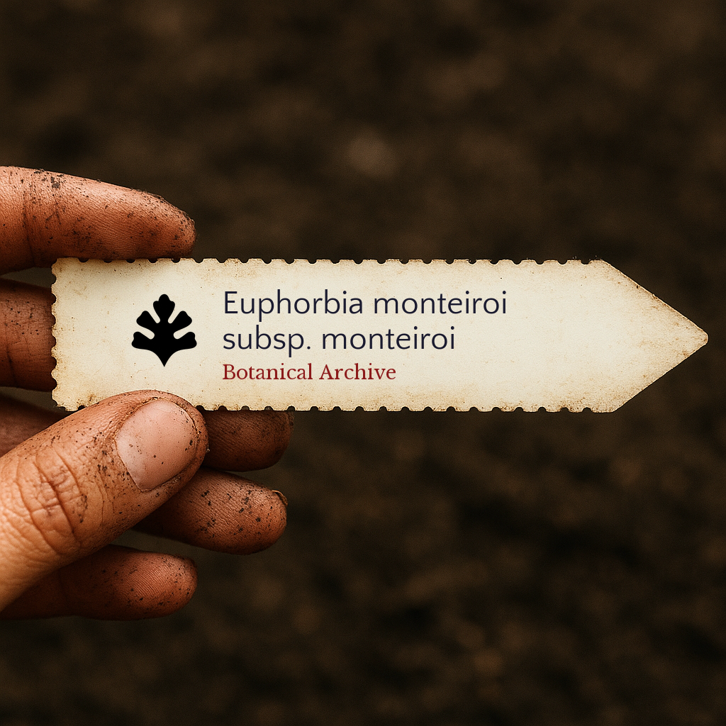 Printed plant label for Euphorbia monteiroi subsp. monteiroi held by dirty hands over soil