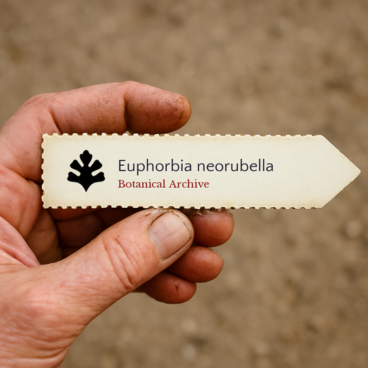 Etichetta stampata per pianta di Euphorbia neorubella con logo Botanical Archive tenuta a mano