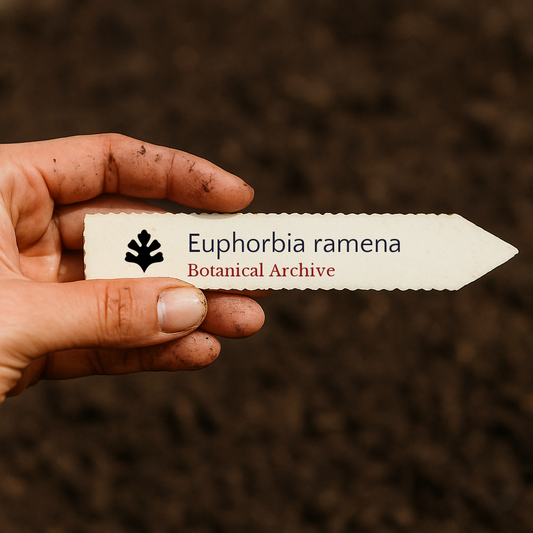 Etichetta stampata per pianta di Euphorbia ramena tenuta in mano su sfondo di terreno