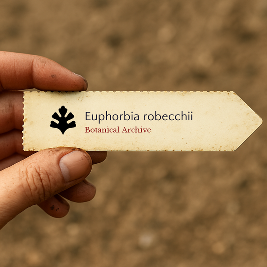 Etichetta per pianta stampata per Euphorbia robecchii con logo Botanical Archive tenuta a mano