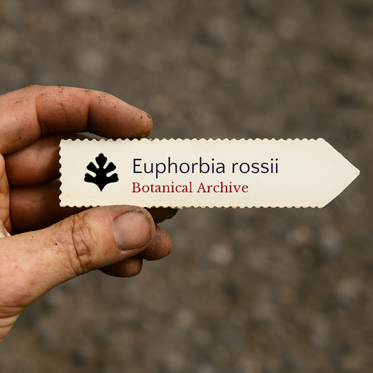 Etichetta per piante stampata per Euphorbia rossii con testo Botanical Archive tenuta a mano